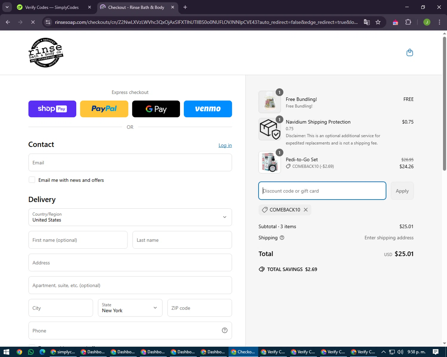 Rinse Bath & Body checkout page showing Rinse Bath & Body promo code box | Screenshot taken by SimplyCodes community member on Apr 3, 2025