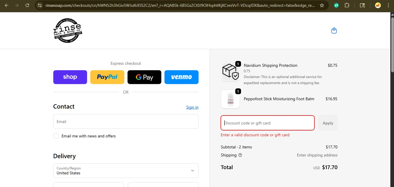 Rinse Bath & Body promo code screenshot showing code F&c10 applied at Rinse Bath & Body checkout page. Uploaded by SimplyCodes community member giselmarstephanny on Nov 8, 2025