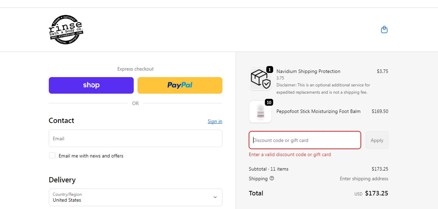 Rinse Bath & Body promo code screenshot showing code F&c10 applied at Rinse Bath & Body checkout page. Uploaded by SimplyCodes community member obito1234 on Nov 8, 2025