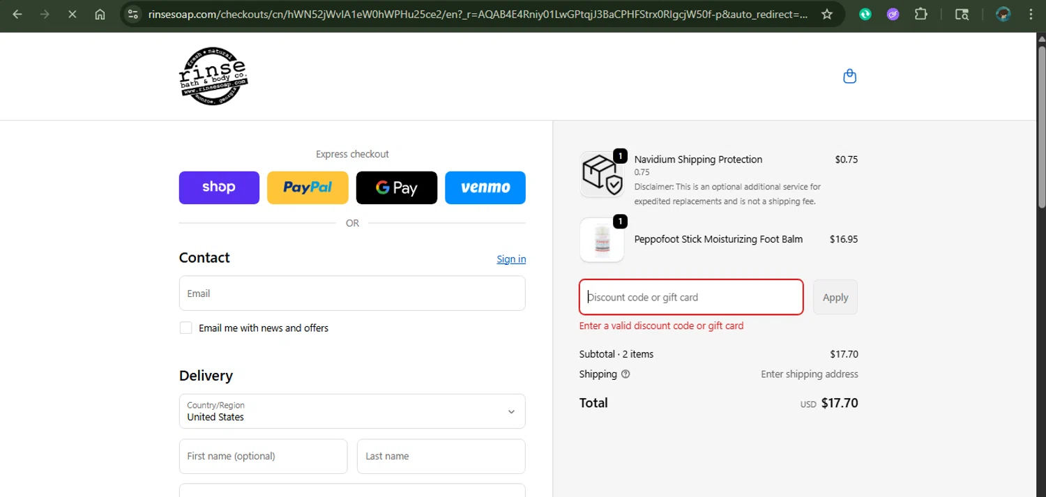 Rinse Bath & Body promo code screenshot showing code F&c10 applied at Rinse Bath & Body checkout page. Uploaded by SimplyCodes community member xAngel on Nov 8, 2025
