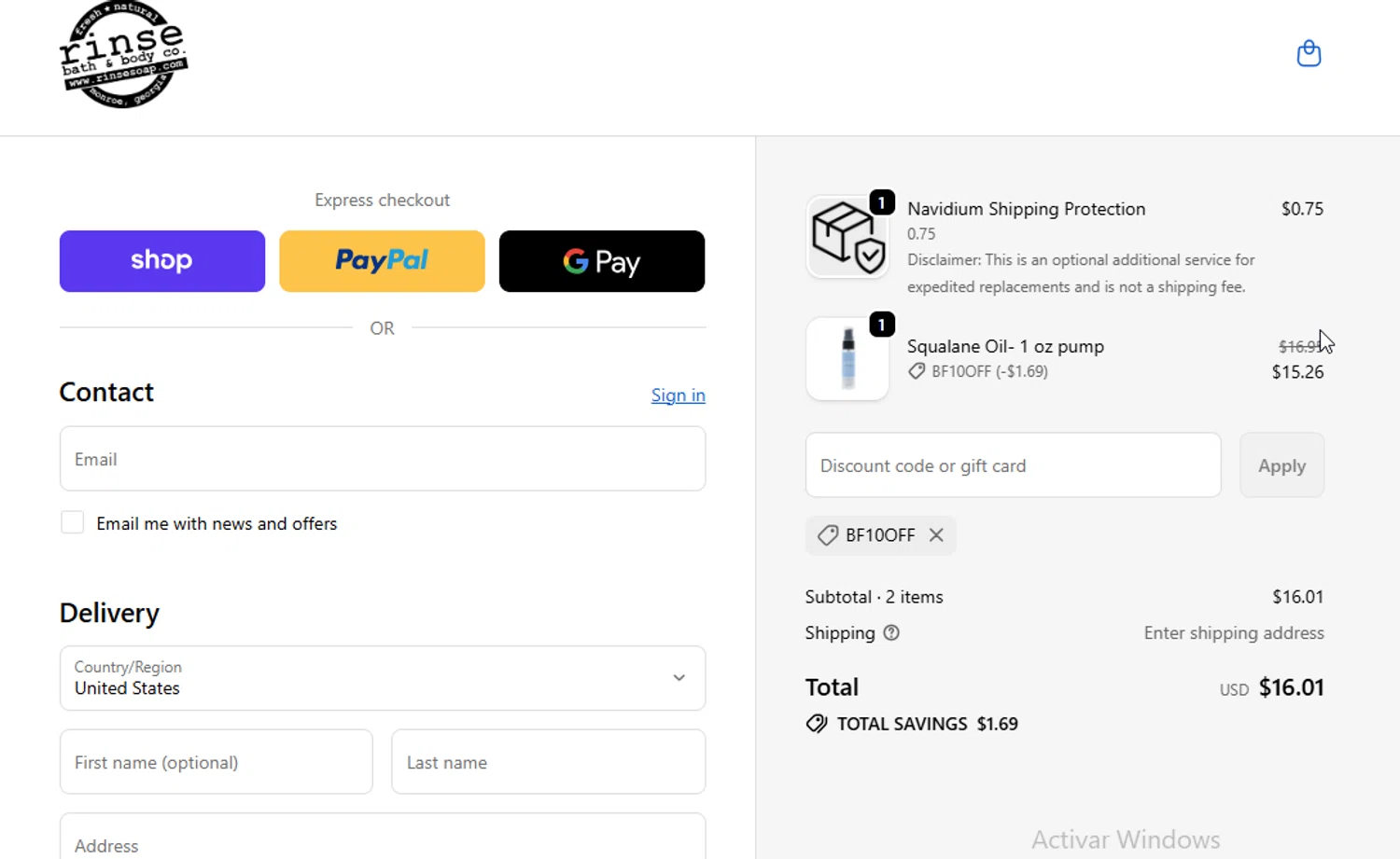 Rinse Bath & Body promo code screenshot showing code Bf10off applied at Rinse Bath & Body checkout page. Uploaded by SimplyCodes community member BudgetGuardian5712 on Nov 28, 2025