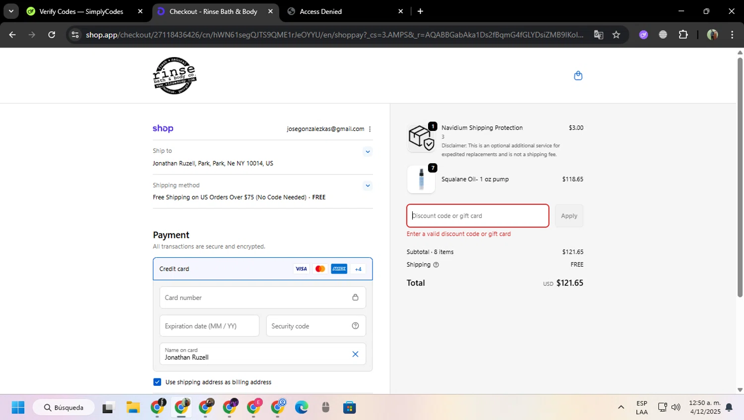 Rinse Bath & Body promo code screenshot showing code Bf10off applied at Rinse Bath & Body checkout page. Uploaded by SimplyCodes community member MoneySentinel7597 on Dec 4, 2025