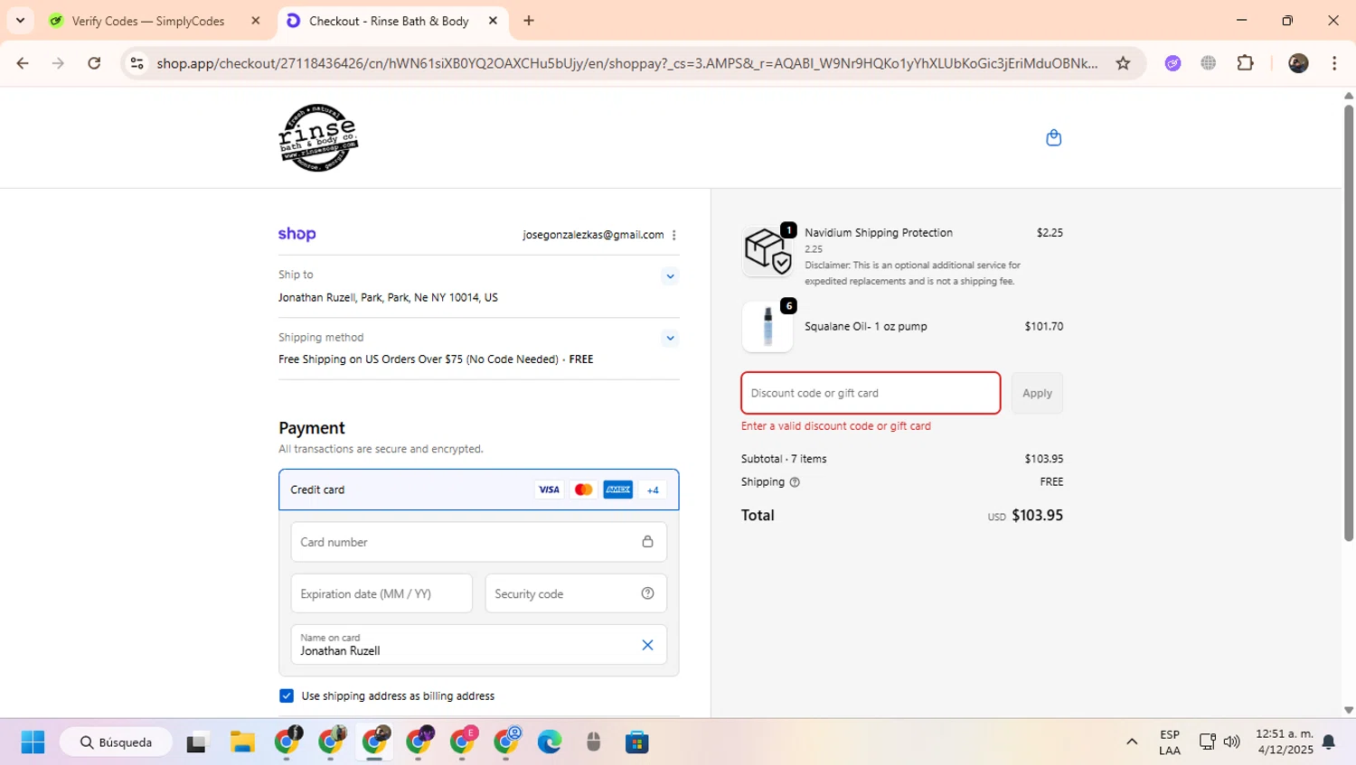 Rinse Bath & Body promo code screenshot showing code bf25off applied at Rinse Bath & Body checkout page. Uploaded by SimplyCodes community member CoinScout855 on Dec 4, 2025