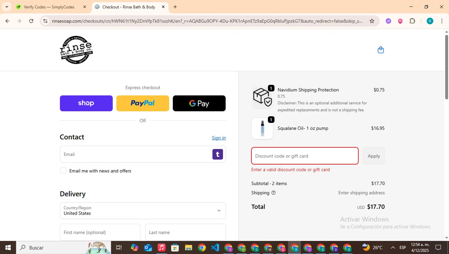 Rinse Bath & Body promo code screenshot showing code BF30OFF applied at Rinse Bath & Body checkout page. Uploaded by SimplyCodes community member BudgetHero4407 on Dec 4, 2025