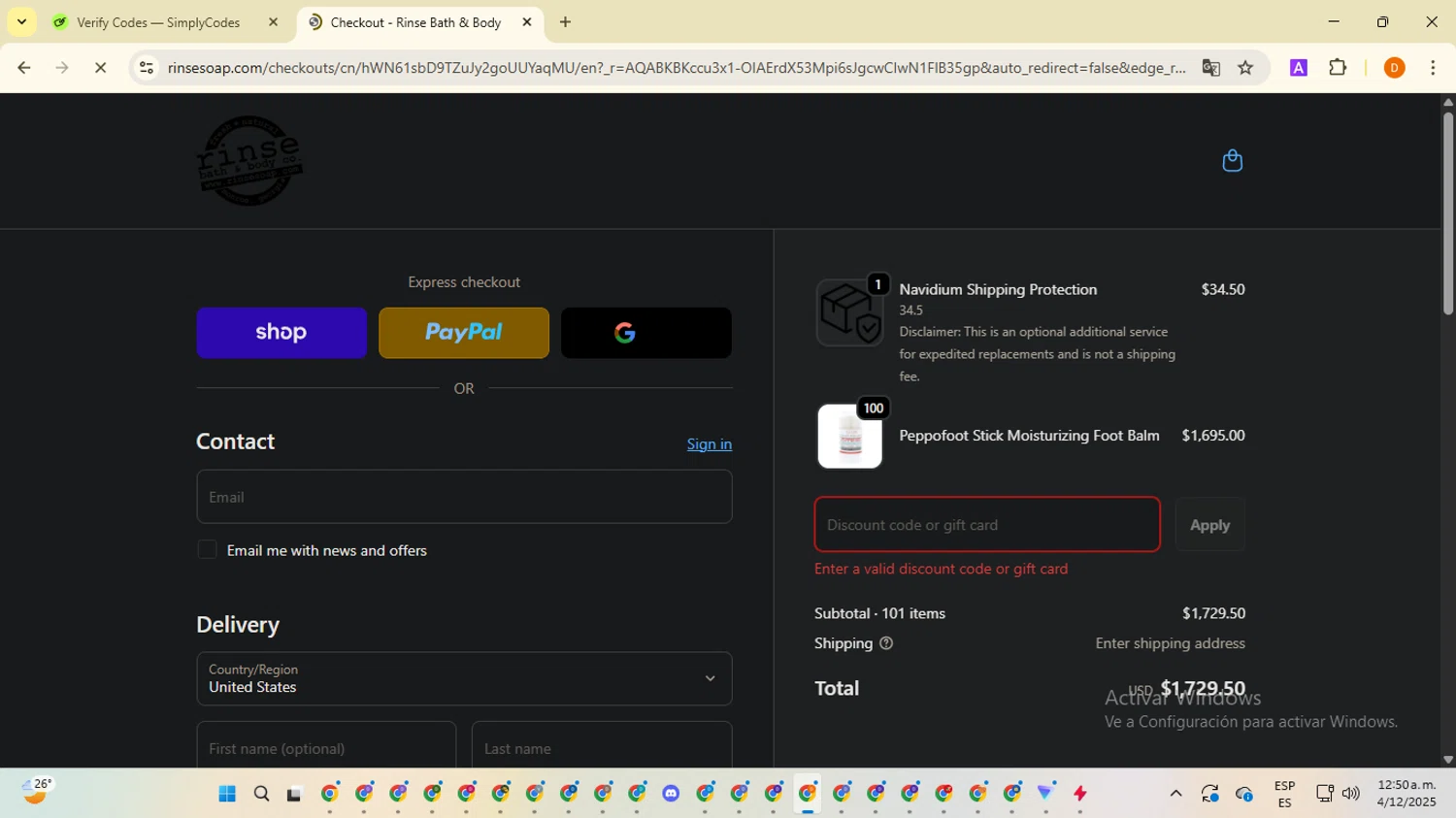 Rinse Bath & Body promo code screenshot showing code BF30OFF applied at Rinse Bath & Body checkout page. Uploaded by SimplyCodes community member SavingsMaverick3203 on Dec 4, 2025
