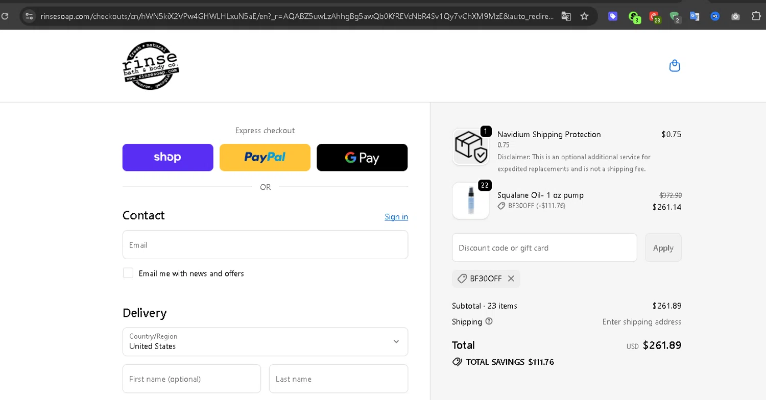 Rinse Bath & Body promo code screenshot showing code BF30OFF applied at Rinse Bath & Body checkout page. Uploaded by SimplyCodes community member Serdanvz on Nov 26, 2025