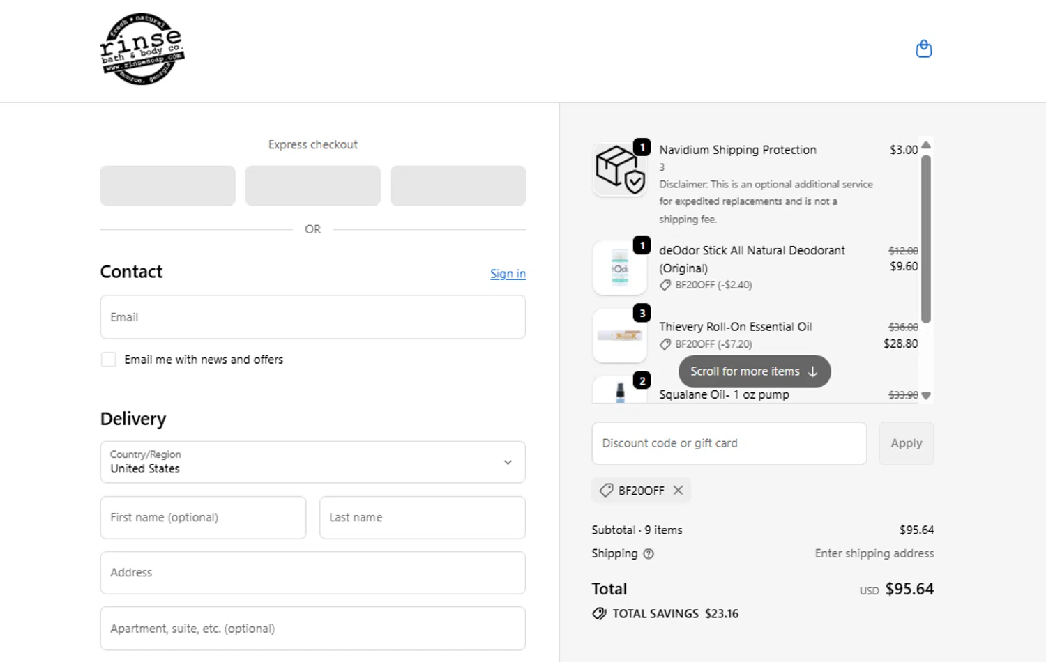 Rinse Bath & Body promo code screenshot showing code bf20off applied at Rinse Bath & Body checkout page. Uploaded by SimplyCodes community member anosesmith on Nov 25, 2025