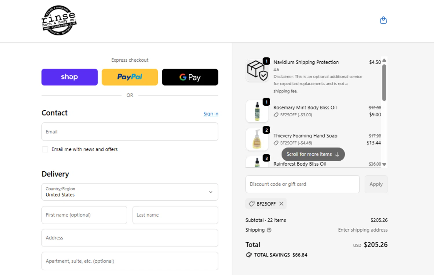 Rinse Bath & Body promo code screenshot showing code bf25off applied at Rinse Bath & Body checkout page. Uploaded by SimplyCodes community member anosesmith on Nov 25, 2025