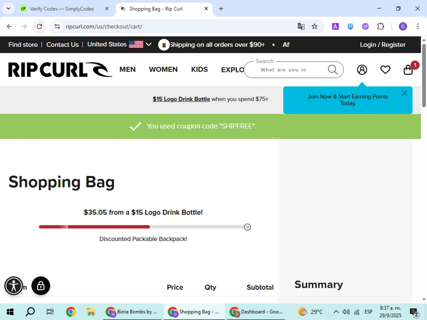 Rip Curl promo code screenshot showing code SHIPFREE applied at Rip Curl checkout page. Uploaded by SimplyCodes community member BudgetHawk9503 on Sep 29, 2025
