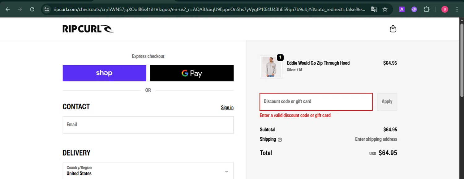 Rip Curl promo code screenshot showing code SHIPFREE applied at Rip Curl checkout page. Uploaded by SimplyCodes community member MoneyFalcon481 on Nov 10, 2025
