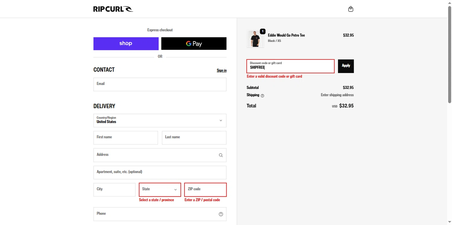 Rip Curl promo code screenshot showing code SHIPFREE applied at Rip Curl checkout page. Uploaded by SimplyCodes community member the_loose_cannon on Nov 10, 2025