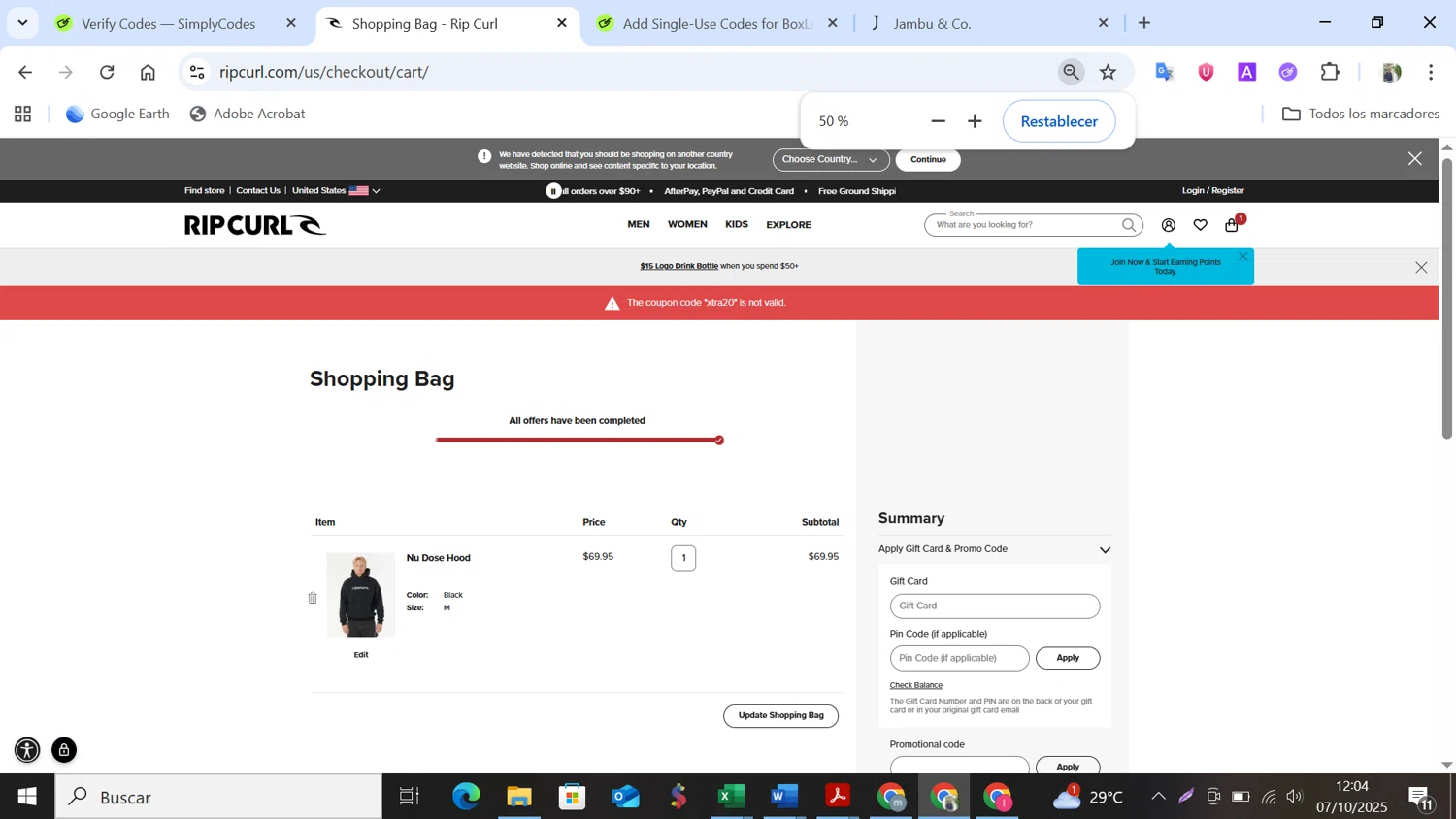Rip Curl promo code screenshot showing code xtra20 applied at Rip Curl checkout page. Uploaded by SimplyCodes community member NobleMonarch5837 on Oct 7, 2025