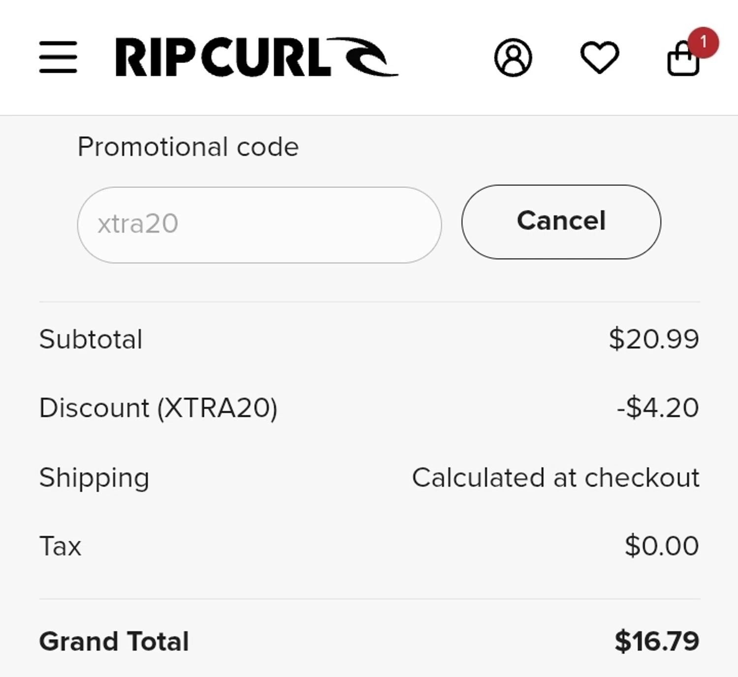 Rip Curl promo code screenshot showing code xtra20 applied at Rip Curl checkout page. Uploaded by SimplyCodes community member ValiantCurator3344 on Oct 7, 2025