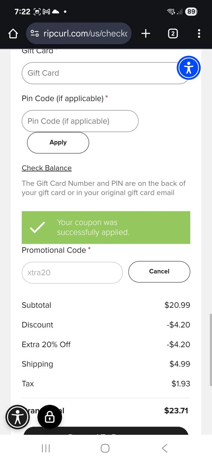 Rip Curl checkout page showing Rip Curl promo code box | Screenshot taken by SimplyCodes community member on Sep 19, 2025