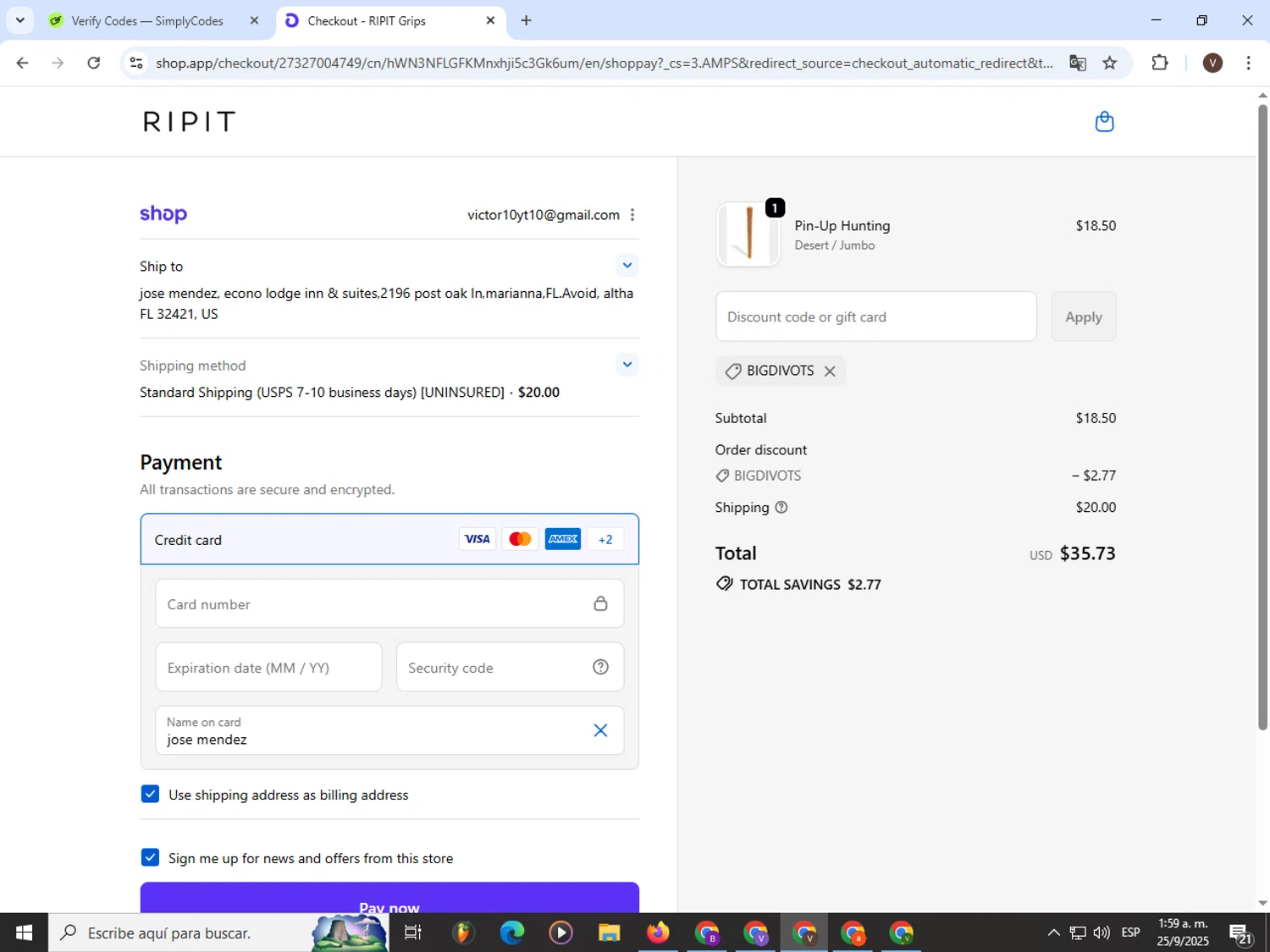 Ripit Grips discount code screenshot showing code BIGDIVOTS applied at Ripit Grips checkout page. Uploaded by SimplyCodes community member CashLion3448 on Sep 25, 2025