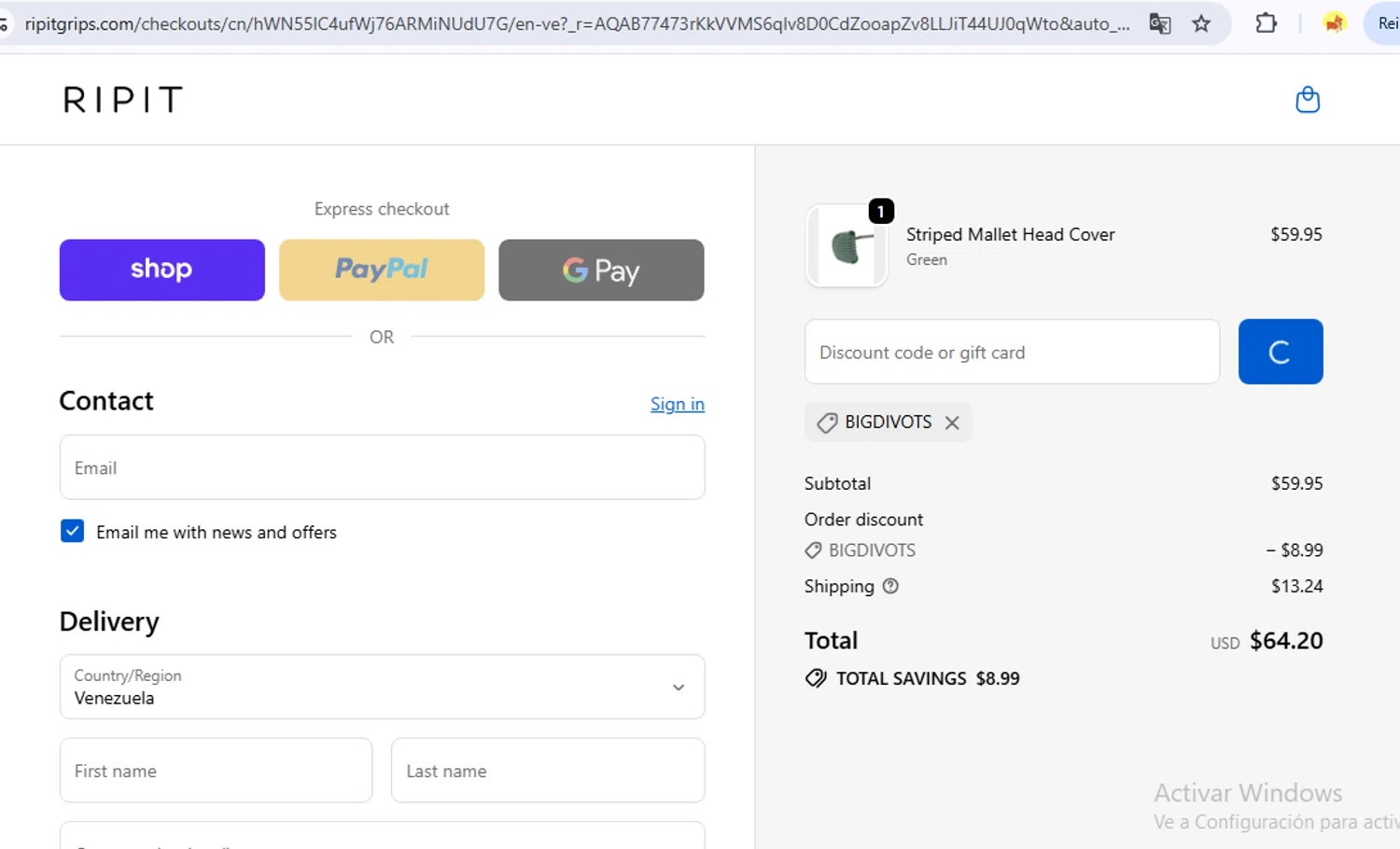Ripit Grips discount code screenshot showing code BIGDIVOTS applied at Ripit Grips checkout page. Uploaded by SimplyCodes community member FortunateSeeker1824 on Nov 9, 2025