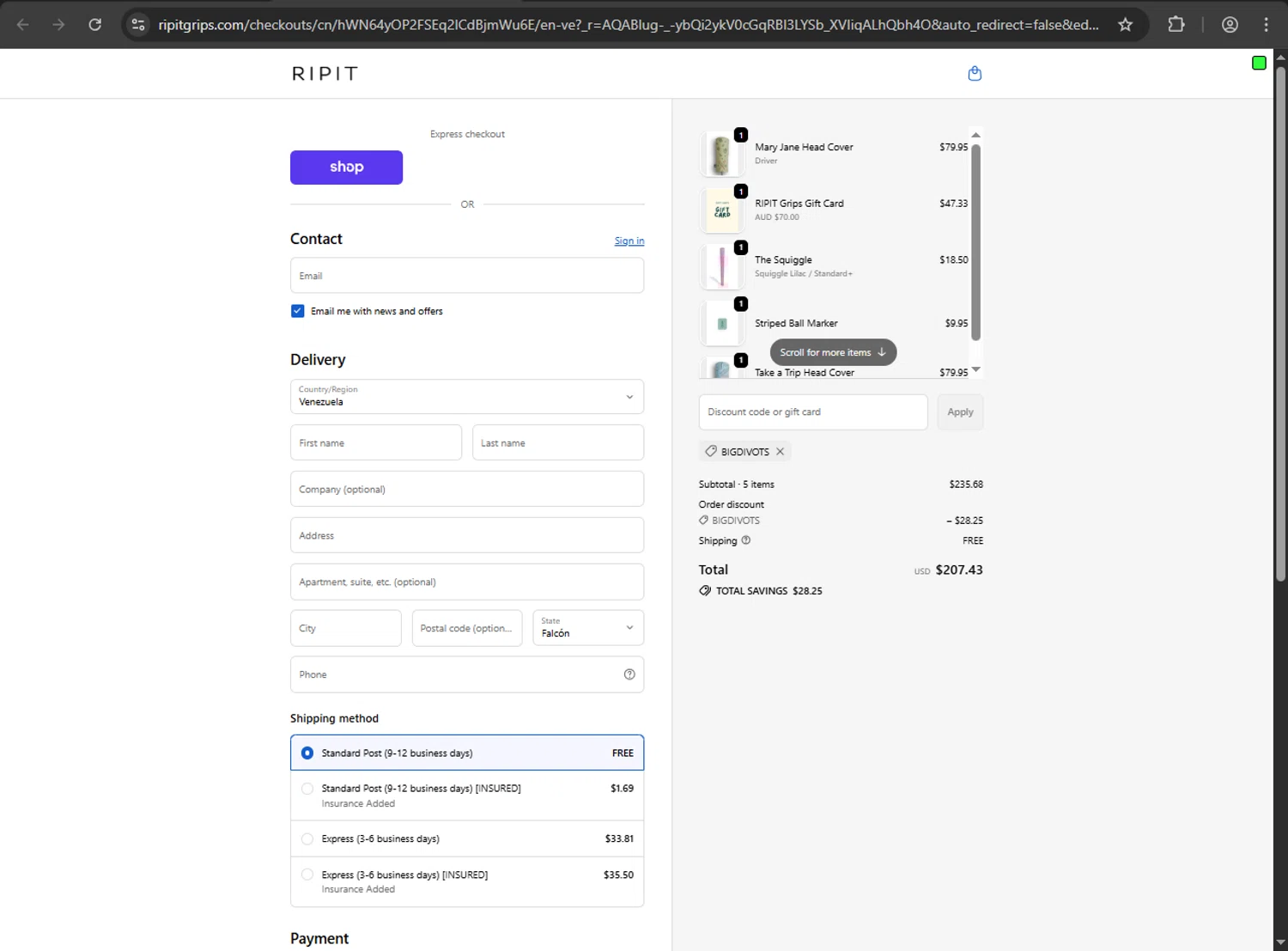 Ripit Grips discount code screenshot showing code BIGDIVOTS applied at Ripit Grips checkout page. Uploaded by SimplyCodes community member JakePerrox on Dec 5, 2025