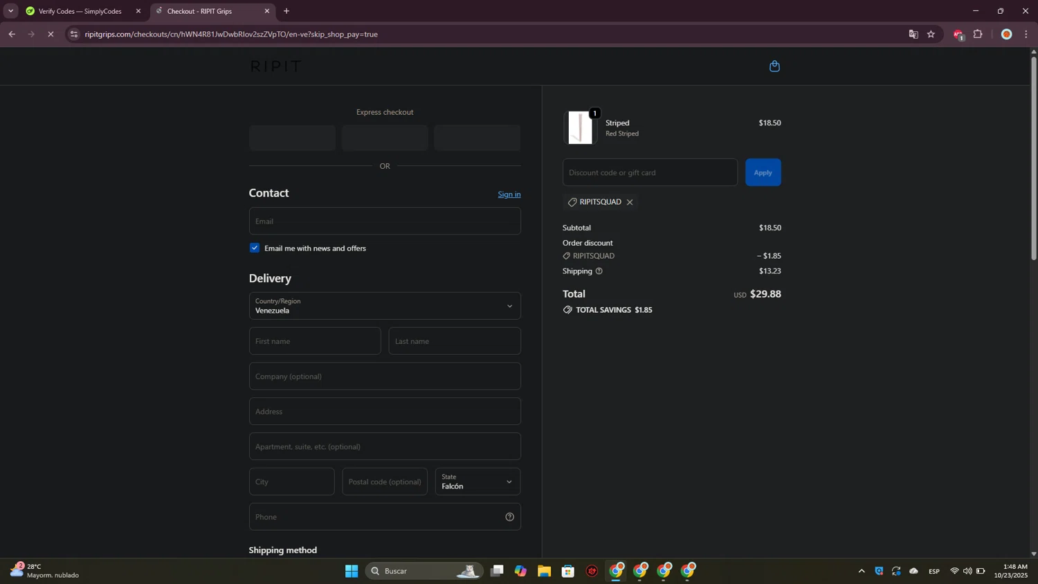 Ripit Grips discount code screenshot showing code RIPITSQUAD applied at Ripit Grips checkout page. Uploaded by SimplyCodes community member CrownPioneer7057 on Oct 23, 2025