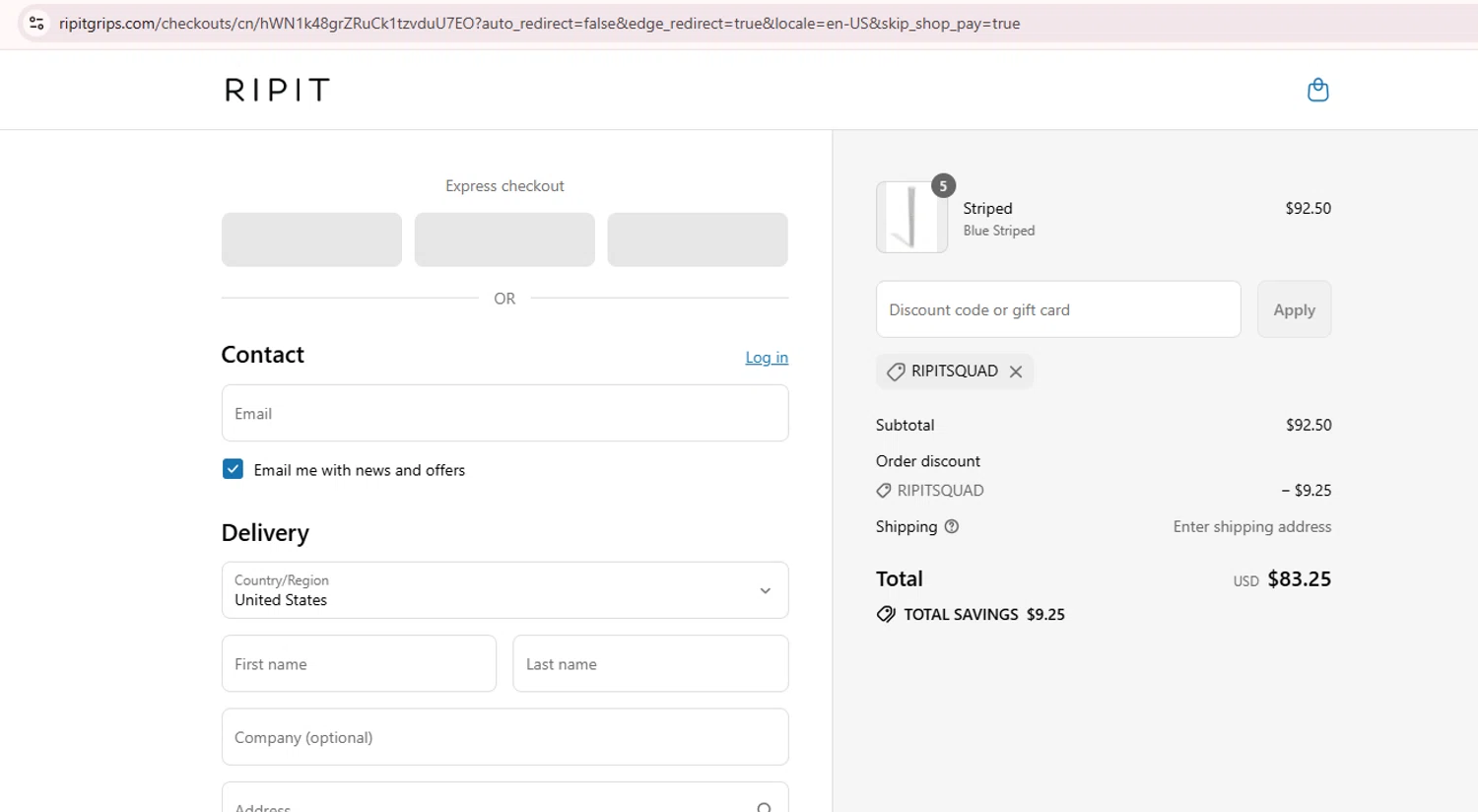 Ripit Grips discount code screenshot showing code RIPITSQUAD applied at Ripit Grips checkout page. Uploaded by SimplyCodes community member Teamgorila on Aug 13, 2025