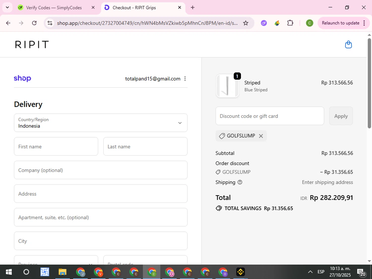 Ripit Grips discount code screenshot showing code GOLFSLUMP applied at Ripit Grips checkout page. Uploaded by SimplyCodes community member RoyalKnight4673 on Oct 27, 2025