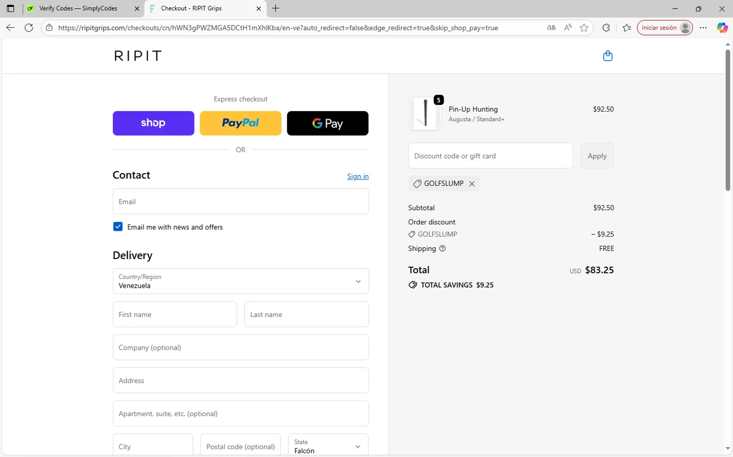 Ripit Grips discount code screenshot showing code GOLFSLUMP applied at Ripit Grips checkout page. Uploaded by SimplyCodes community member SavvyWizard7346 on Oct 3, 2025