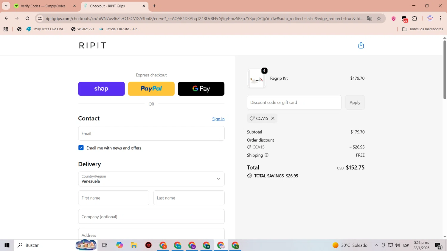 Ripit Grips discount code screenshot showing code CCA15 applied at Ripit Grips checkout page. Uploaded by SimplyCodes community member CoinLegend1707 on Jan 22, 2026