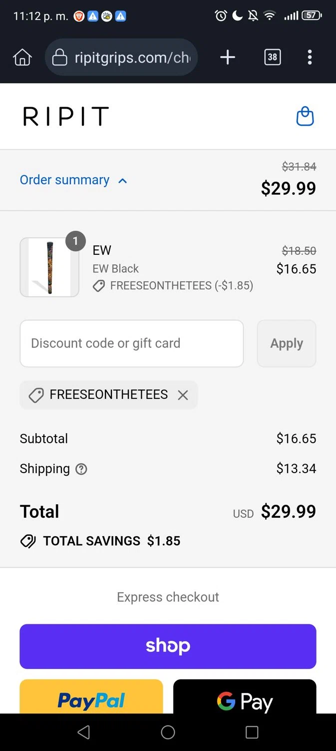 Ripit Grips discount code screenshot showing code FREESEONTHETEES applied at Ripit Grips checkout page. Uploaded by SimplyCodes community member Madurocupones on Sep 4, 2025