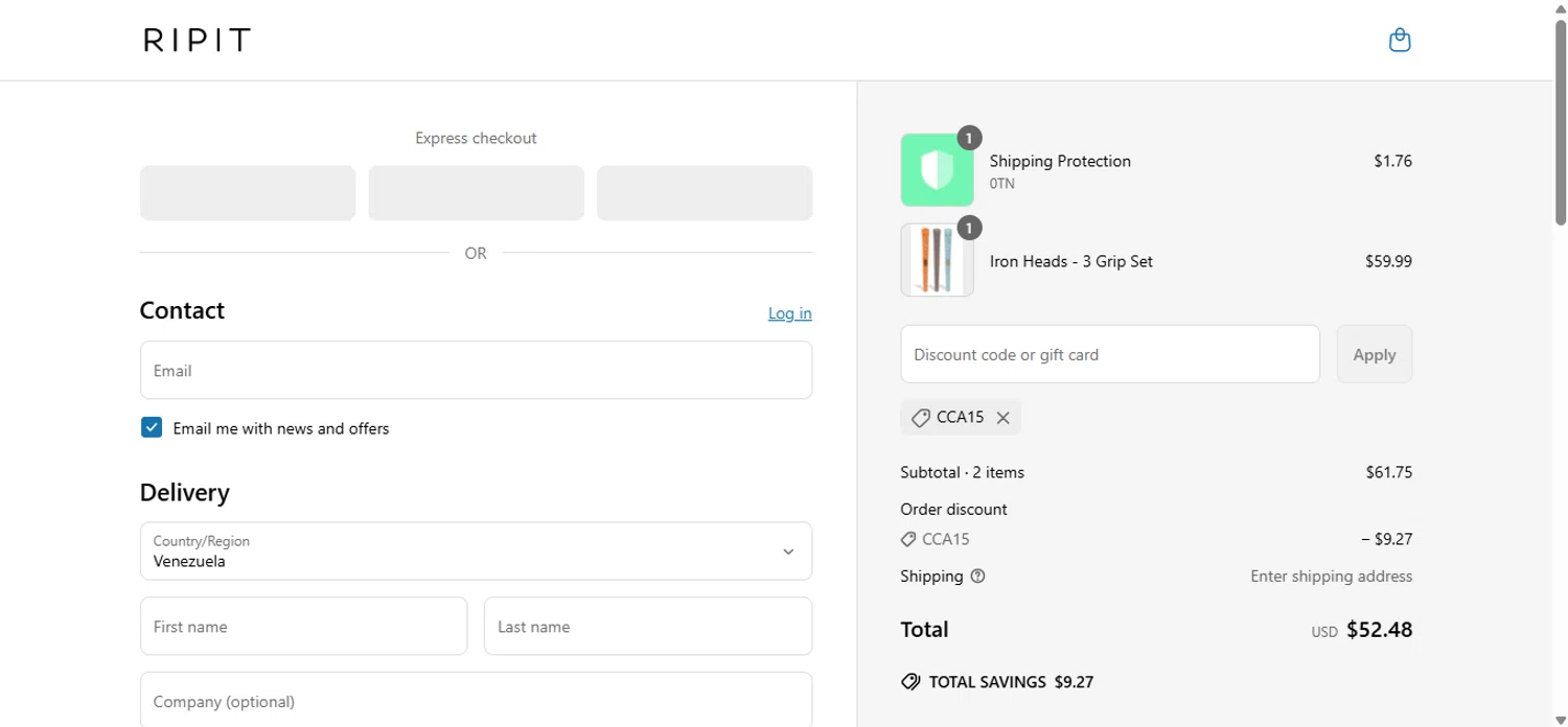 Ripit Grips discount code screenshot showing code CCA15 applied at Ripit Grips checkout page. Uploaded by SimplyCodes community member anosesmith on May 23, 2025