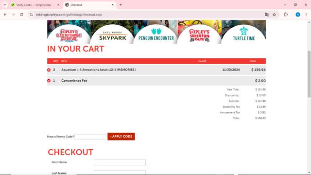 Ripleys Gatlinburg checkout page showing Ripleys Gatlinburg promo code box | Screenshot taken by SimplyCodes community member on Nov 30, 2024