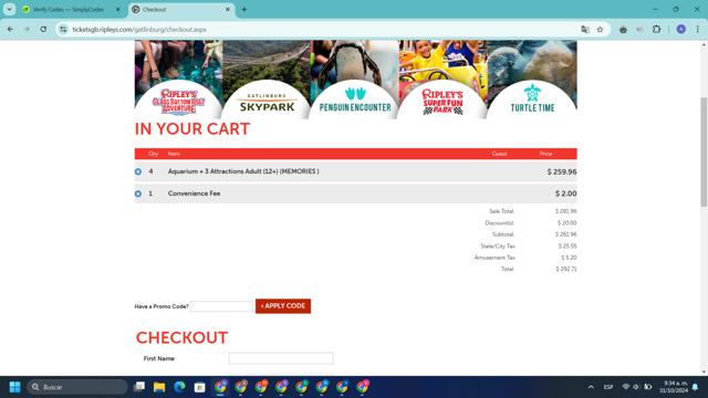 Ripleys Gatlinburg checkout page showing Ripleys Gatlinburg promo code box | Screenshot taken by SimplyCodes community member on Oct 31, 2024