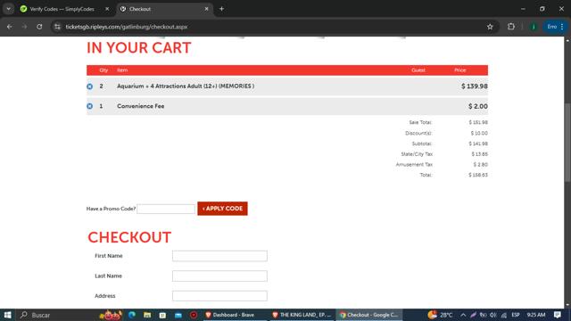 Ripleys Gatlinburg checkout page showing Ripleys Gatlinburg promo code box | Screenshot taken by SimplyCodes community member on Oct 31, 2024