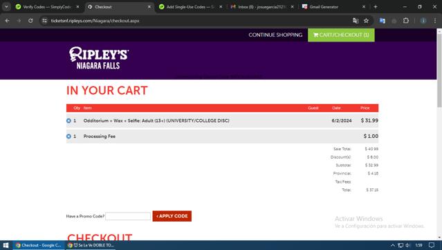 Ripleys Gatlinburg checkout page showing Ripleys Gatlinburg promo code box | Screenshot taken by SimplyCodes community member on Jun 2, 2024