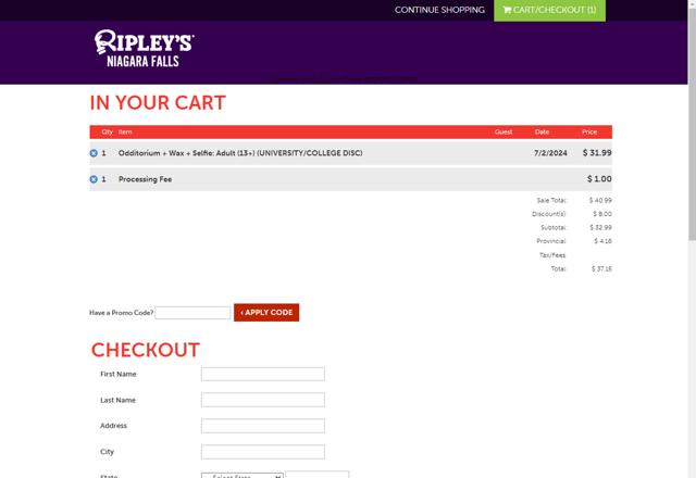 Ripleys Gatlinburg checkout page showing Ripleys Gatlinburg promo code box | Screenshot taken by SimplyCodes community member on Jul 2, 2024