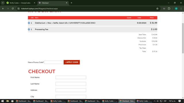 Ripleys Gatlinburg checkout page showing Ripleys Gatlinburg promo code box | Screenshot taken by SimplyCodes community member on May 23, 2024