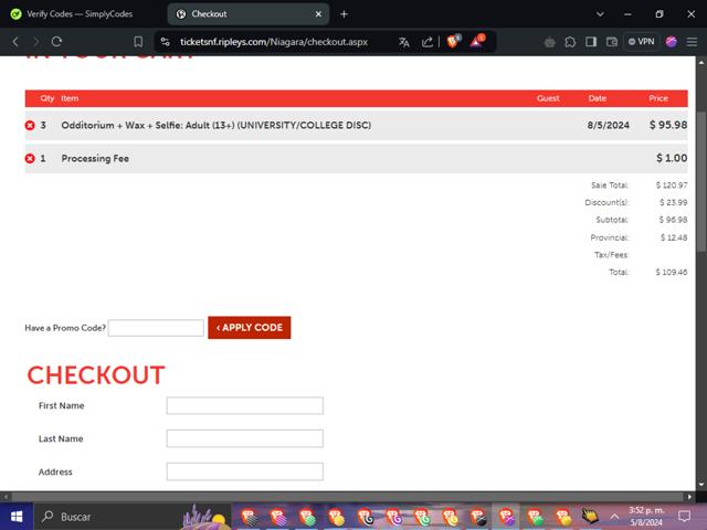 Ripleys Gatlinburg checkout page showing Ripleys Gatlinburg promo code box | Screenshot taken by SimplyCodes community member on Aug 5, 2024