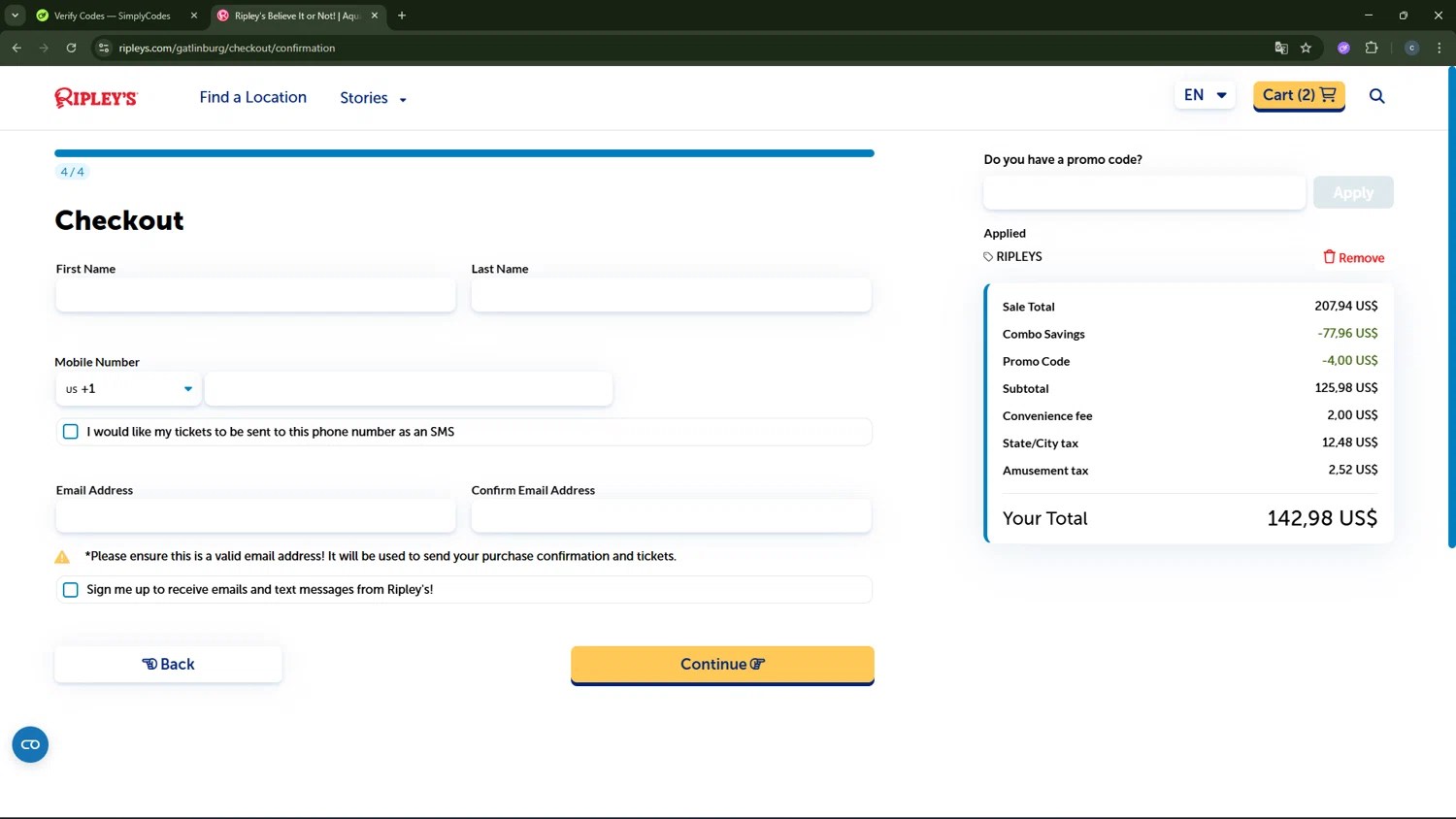 Ripleys Gatlinburg promo code screenshot showing code RIPLEYS applied at Ripleys Gatlinburg checkout page. Uploaded by SimplyCodes community member CouponAce2971 on Mar 11, 2026