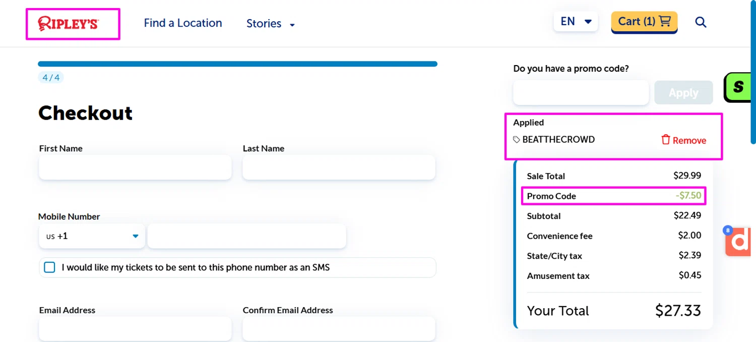 Ripleys Gatlinburg promo code screenshot showing code BEATTHECROWD applied at Ripleys Gatlinburg checkout page. Uploaded by SimplyCodes community member mrdarcy on Feb 28, 2026