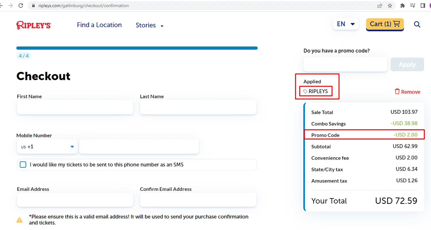 Ripleys Gatlinburg promo code screenshot showing code RIPLEYS applied at Ripleys Gatlinburg checkout page. Uploaded by SimplyCodes community member nileskamarcano on Feb 11, 2026