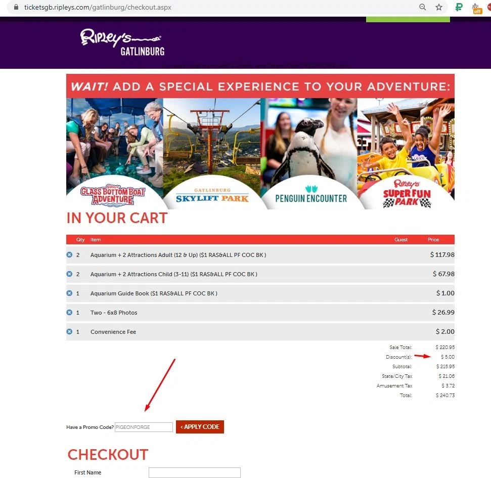Ripleys Myrtle Beach checkout page showing Ripleys Myrtle Beach promo code box | Screenshot taken by SimplyCodes community member on May 6, 2021