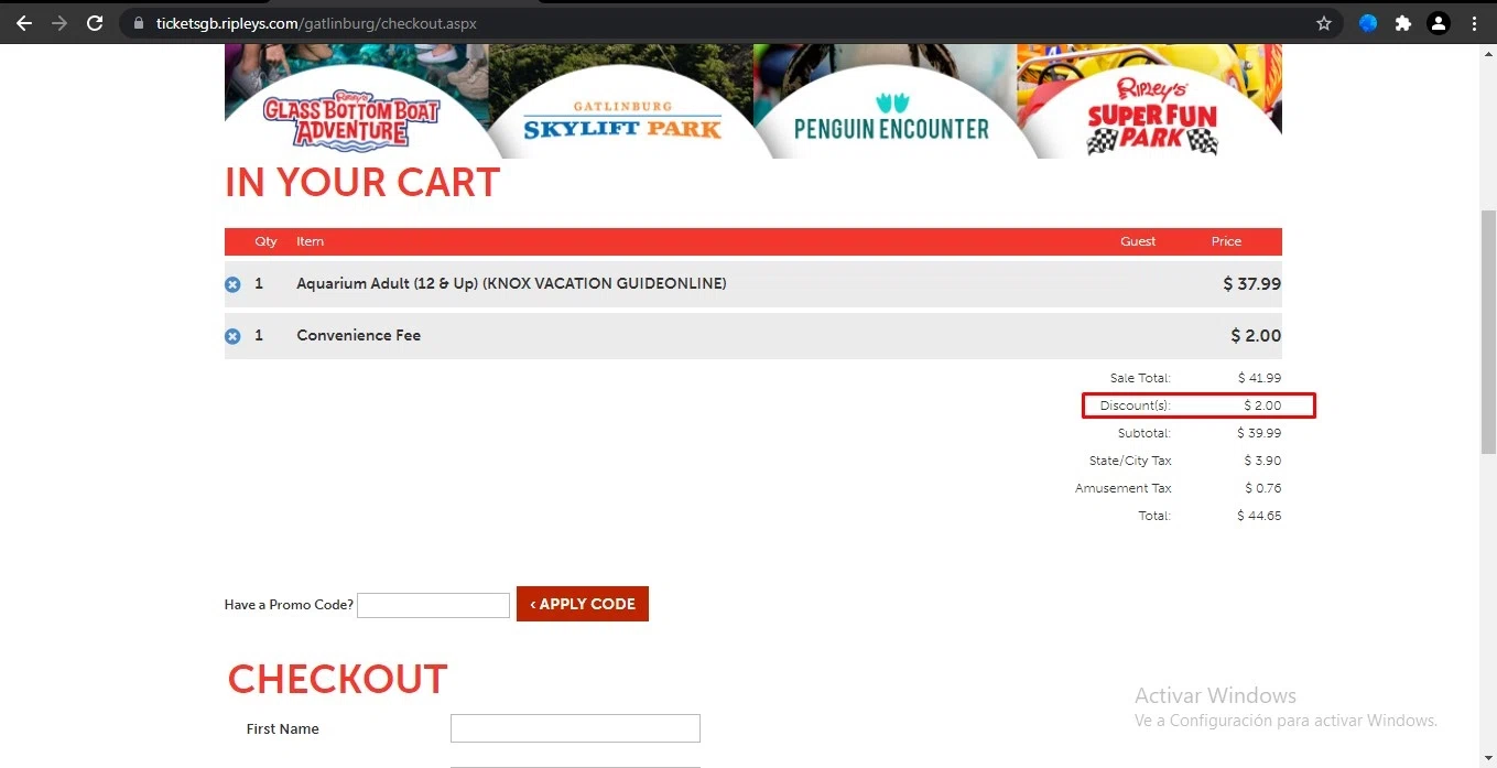 Ripleys Myrtle Beach checkout page showing Ripleys Myrtle Beach promo code box | Screenshot taken by SimplyCodes community member on Sep 14, 2021