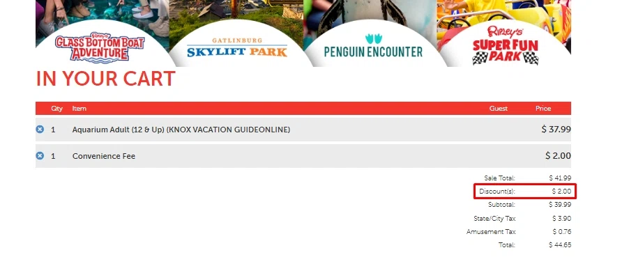 Ripleys Myrtle Beach checkout page showing Ripleys Myrtle Beach promo code box | Screenshot taken by SimplyCodes community member on Aug 9, 2021