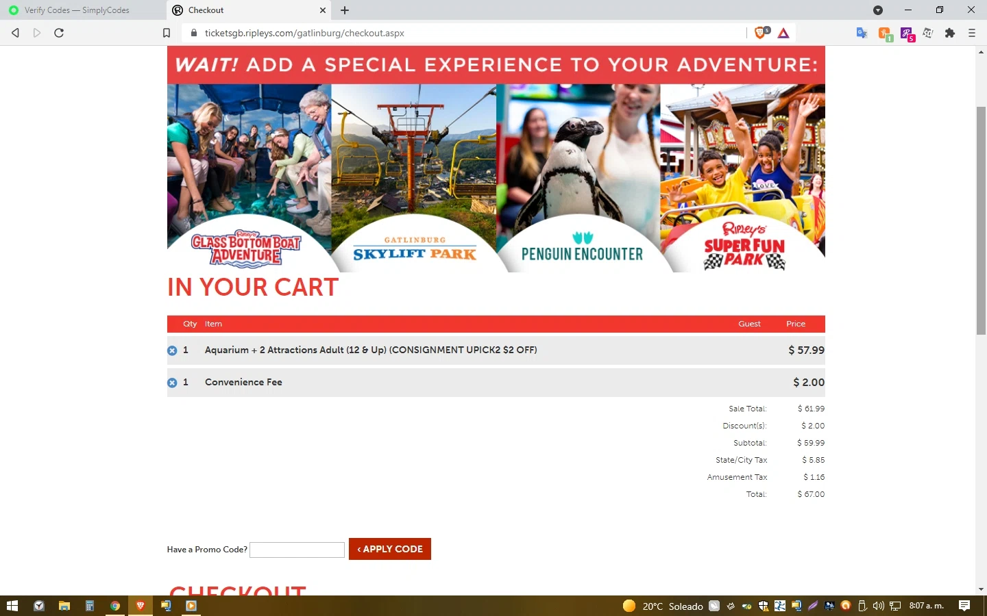 Ripleys Myrtle Beach checkout page showing Ripleys Myrtle Beach promo code box | Screenshot taken by SimplyCodes community member on Aug 17, 2021