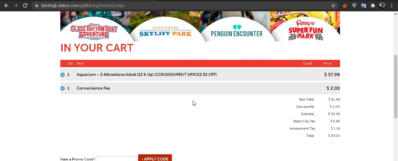 Ripleys Myrtle Beach checkout page showing Ripleys Myrtle Beach promo code box | Screenshot taken by SimplyCodes community member on Jul 18, 2021
