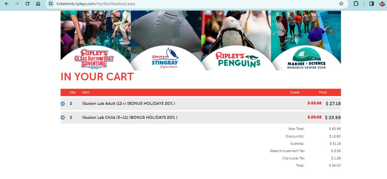 Ripleys Myrtle Beach checkout page showing Ripleys Myrtle Beach promo code box | Screenshot taken by SimplyCodes community member on Dec 22, 2023