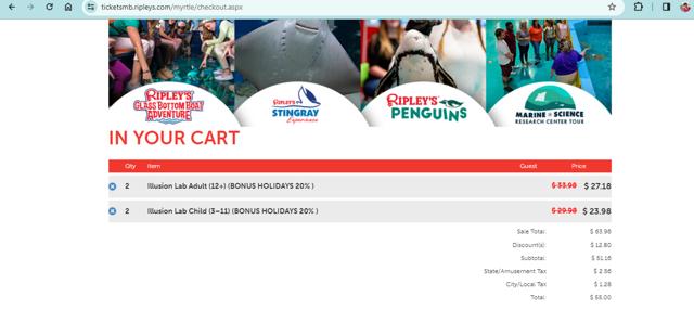 Ripleys Myrtle Beach checkout page showing Ripleys Myrtle Beach promo code box | Screenshot taken by SimplyCodes community member on Dec 22, 2023