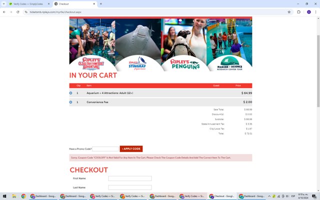 Ripleys Myrtle Beach checkout page showing Ripleys Myrtle Beach promo code box | Screenshot taken by SimplyCodes community member on Oct 4, 2024