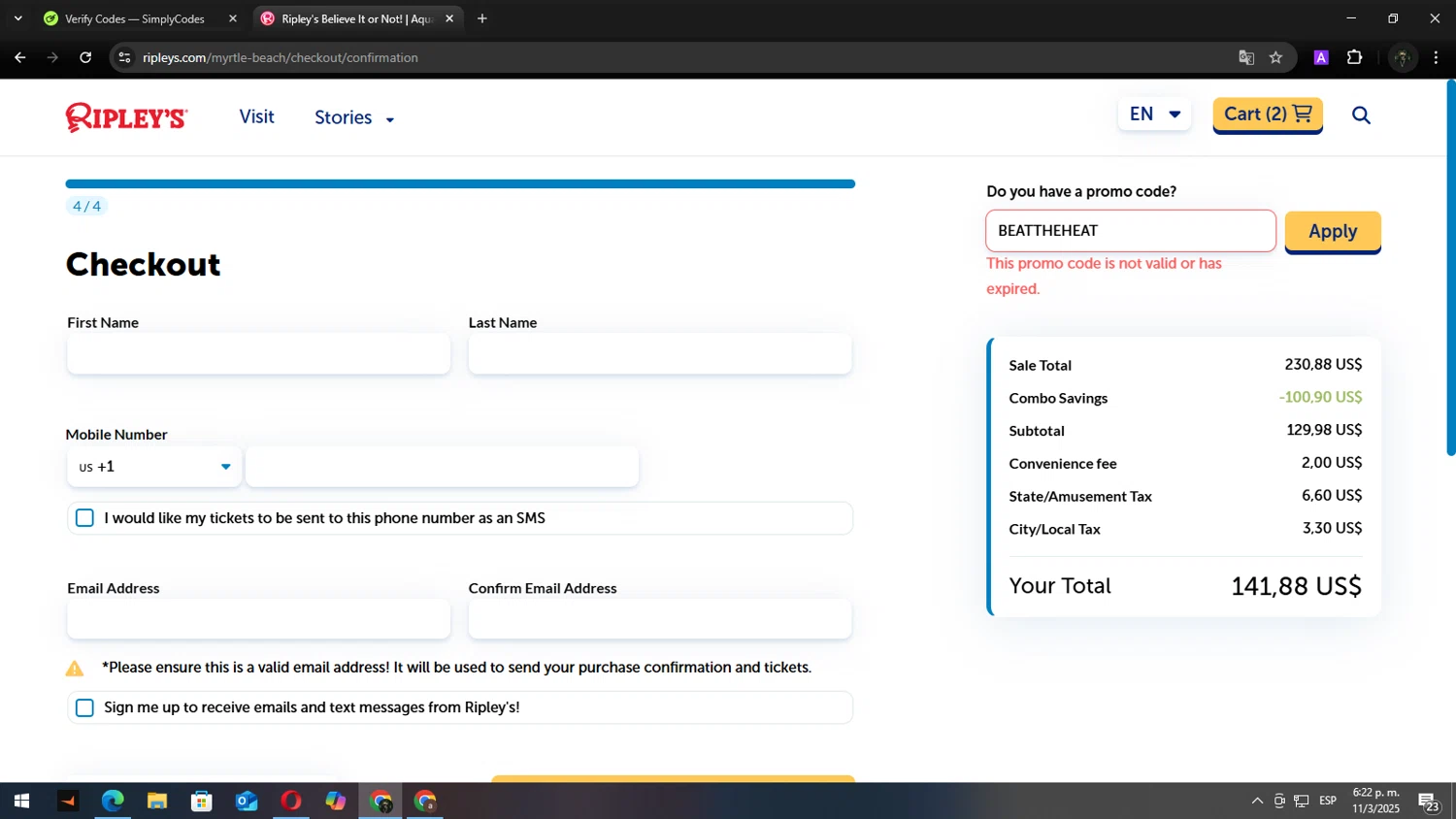 Ripleys Myrtle Beach promo code screenshot showing code BEATTHEHEAT applied at Ripleys Myrtle Beach checkout page. Uploaded by SimplyCodes community member Andy2323 on Mar 11, 2025