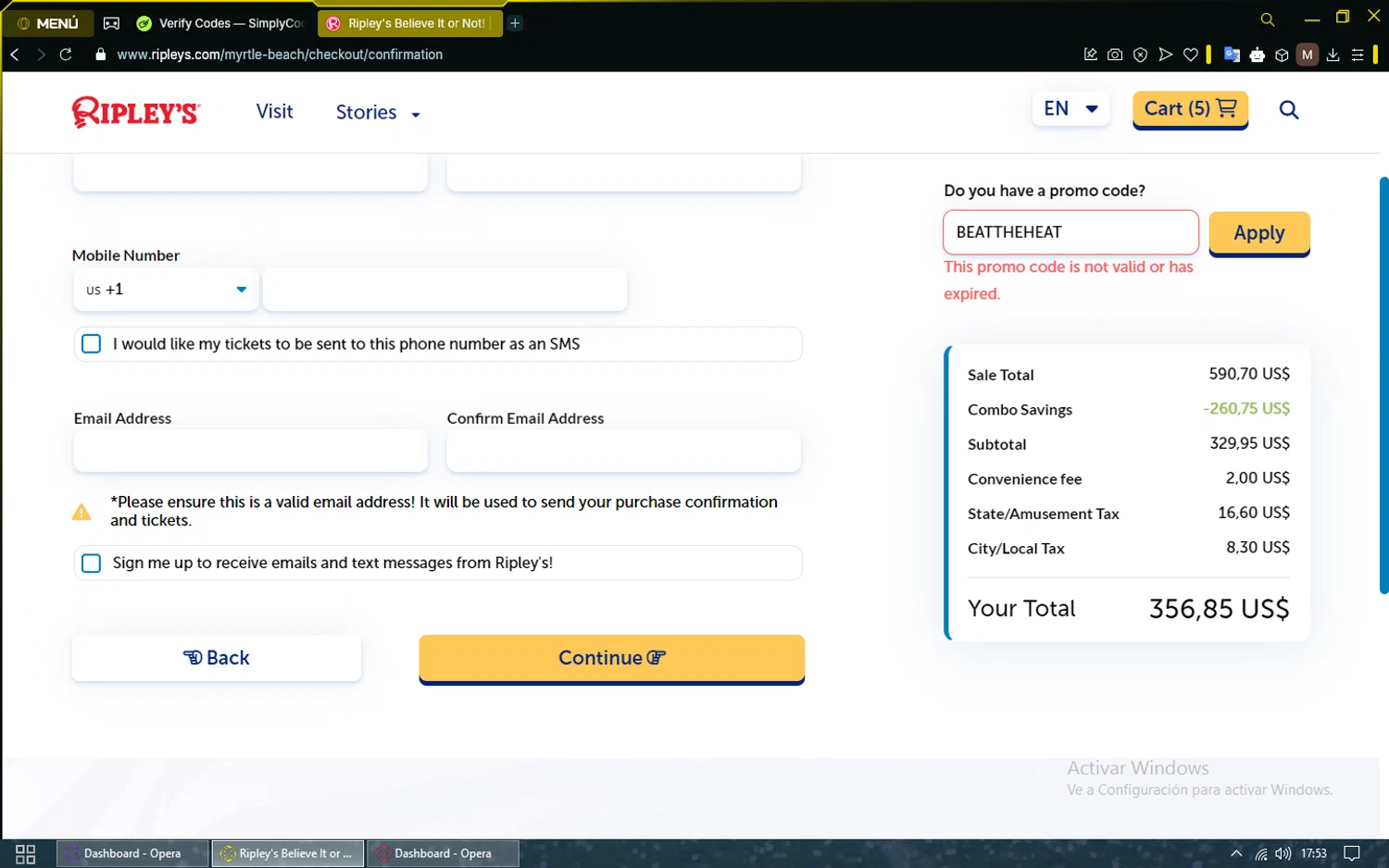 Ripleys Myrtle Beach promo code screenshot showing code BEATTHEHEAT applied at Ripleys Myrtle Beach checkout page. Uploaded by SimplyCodes community member SavingsShopper829 on Mar 11, 2025