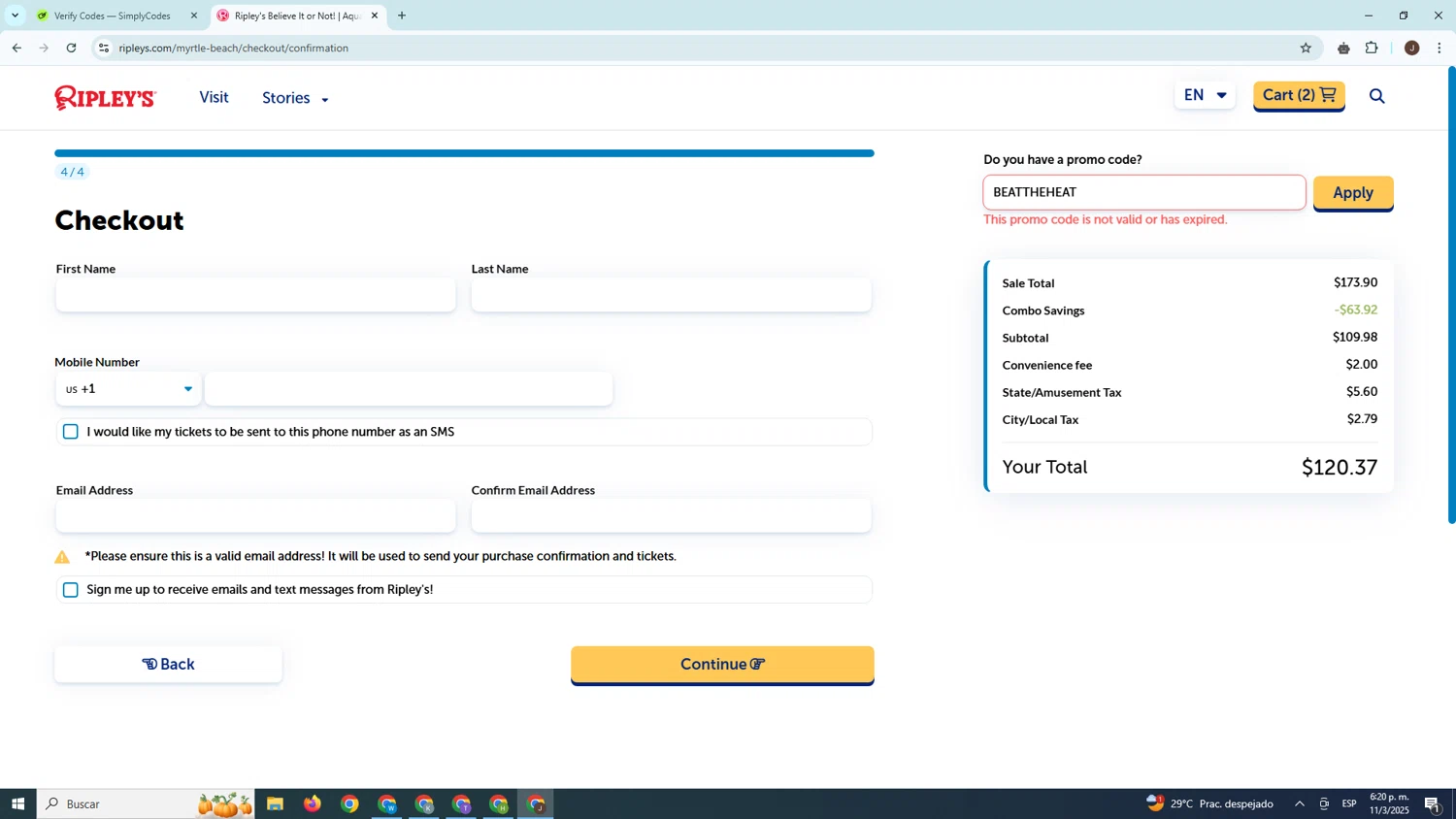 Ripleys Myrtle Beach promo code screenshot showing code BEATTHEHEAT applied at Ripleys Myrtle Beach checkout page. Uploaded by SimplyCodes community member PrimeGenius2371 on Mar 11, 2025