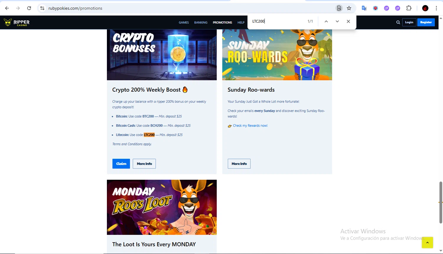 Ripper Casino promo code screenshot showing code LTC200 applied at Ripper Casino checkout page. Uploaded by SimplyCodes community member Francisco01 on Feb 18, 2026